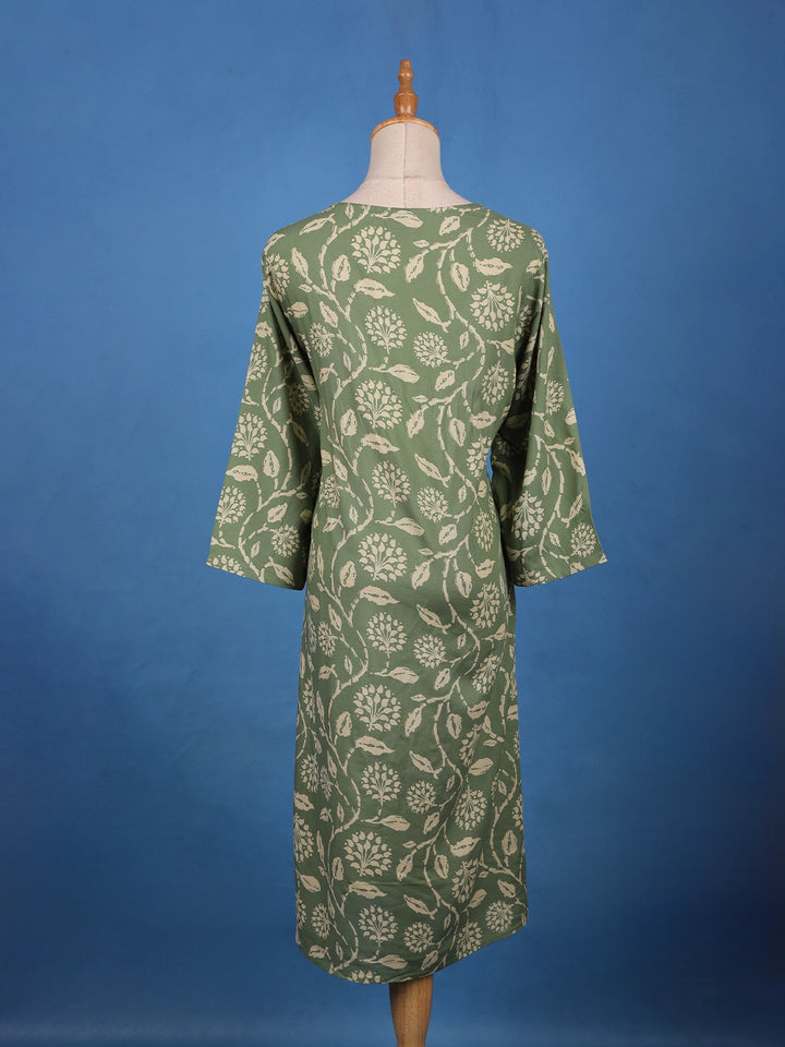 Sage Green Floral Design Printed Cotton Kurti - Diadem