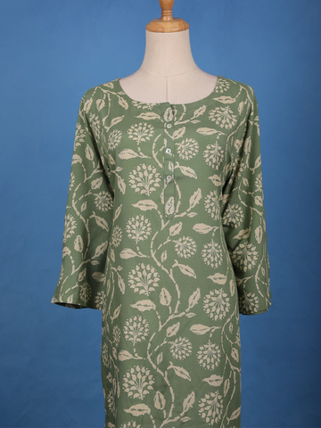 Sage Green Floral Design Printed Cotton Kurti - Diadem