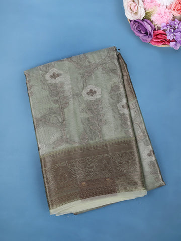 Sage Green Floral Design Woven Tissue Silk Saree - Diadem
