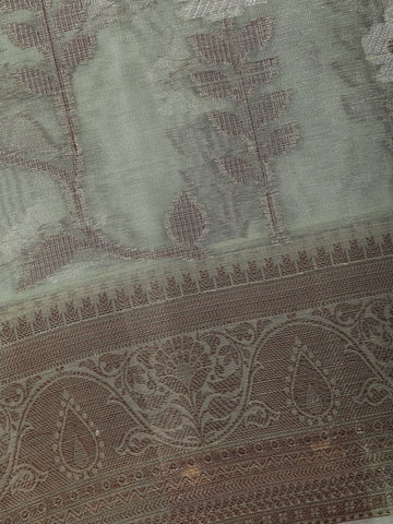 Sage Green Floral Design Woven Tissue Silk Saree - Diadem