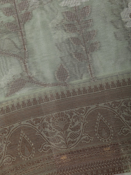 Sage Green Floral Design Woven Tissue Silk Saree - Diadem