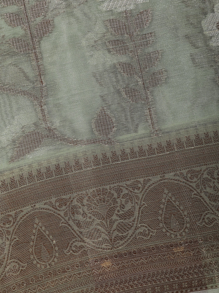 Sage Green Floral Design Woven Tissue Silk Saree - Diadem