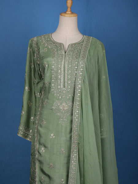 Sage Green Floral Embroidery Raw Silk Salwar Suit - Diadem