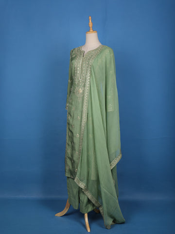 Sage Green Floral Embroidery Raw Silk Salwar Suit - Diadem