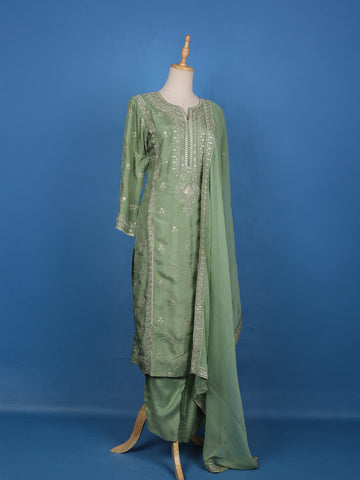 Sage Green Floral Embroidery Raw Silk Salwar Suit - Diadem