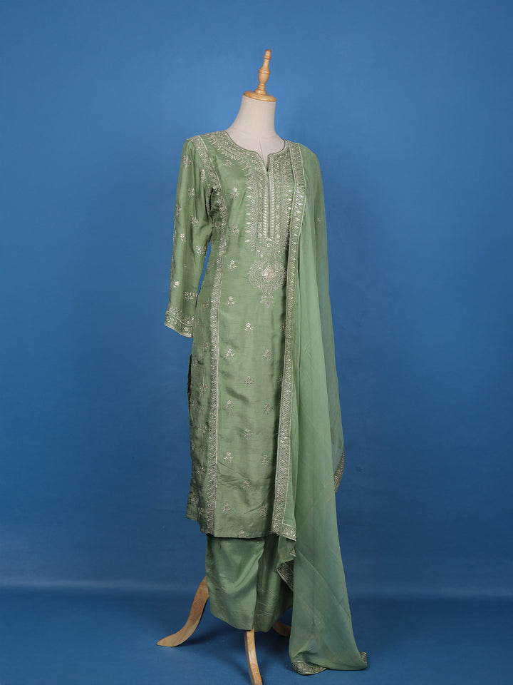 Sage Green Floral Embroidery Raw Silk Salwar Suit - Diadem