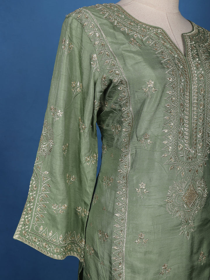 Sage Green Floral Embroidery Raw Silk Salwar Suit - Diadem