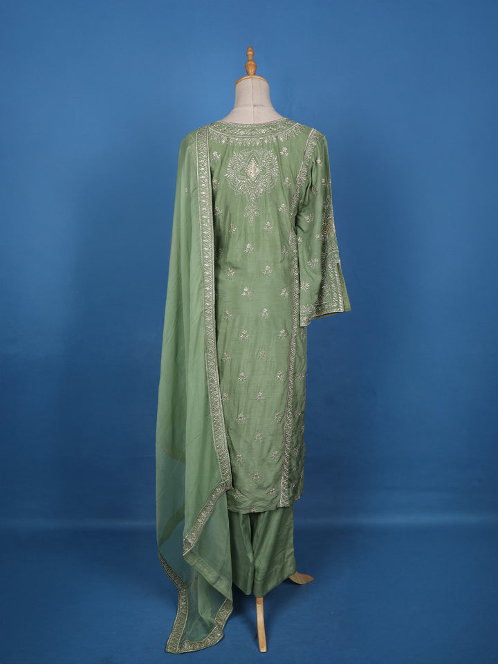 Sage Green Floral Embroidery Raw Silk Salwar Suit - Diadem