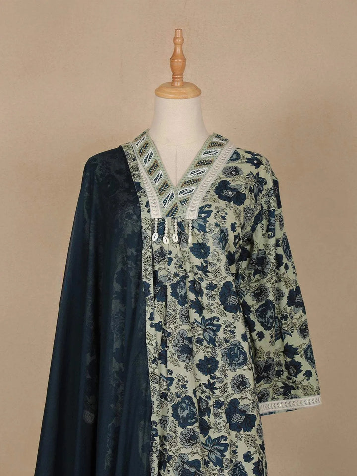 Sage Green Floral Printed Cotton Salwar Suit - Diadem