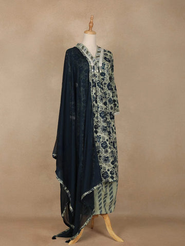 Sage Green Floral Printed Cotton Salwar Suit - Diadem
