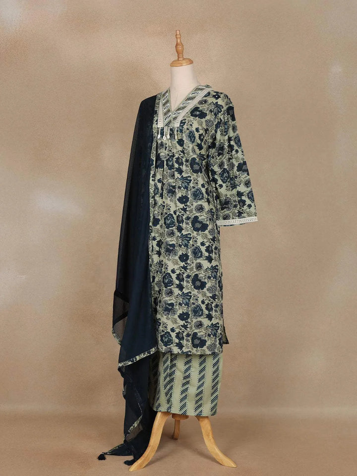 Sage Green Floral Printed Cotton Salwar Suit - Diadem