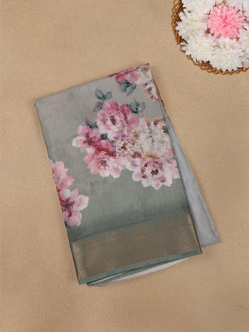 Sage Green Floral Printed Cotton Saree - Diadem