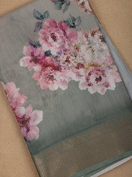 Sage Green Floral Printed Cotton Saree - Diadem