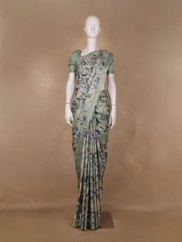 Sage Green Floral Printed Semi Tussar Silk Saree - Diadem