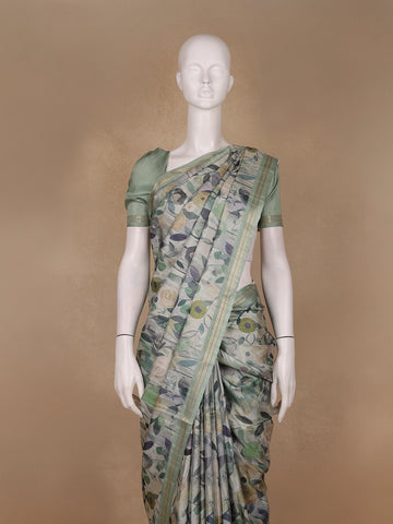 Sage Green Floral Printed Semi Tussar Silk Saree - Diadem