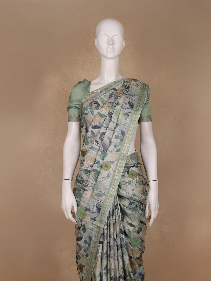 Sage Green Floral Printed Semi Tussar Silk Saree - Diadem