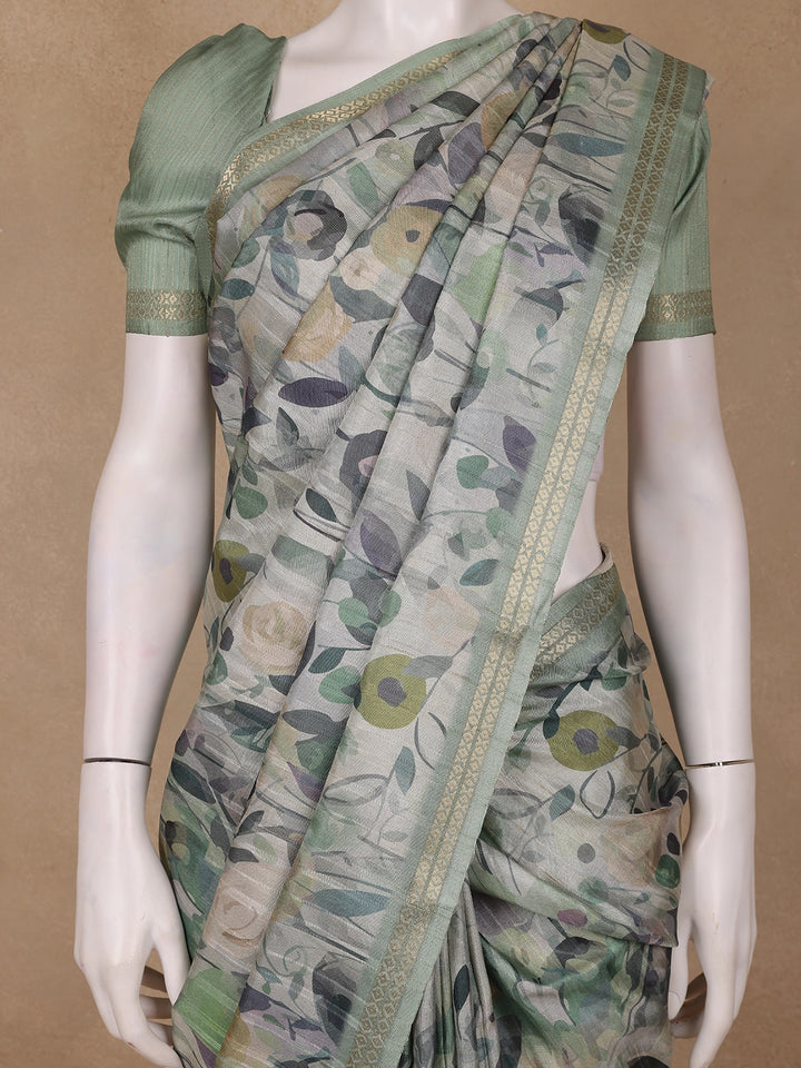Sage Green Floral Printed Semi Tussar Silk Saree - Diadem