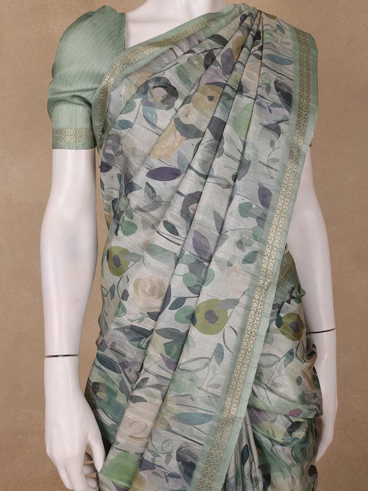 Sage Green Floral Printed Semi Tussar Silk Saree - Diadem