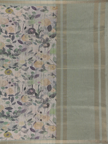 Sage Green Floral Printed Semi Tussar Silk Saree - Diadem