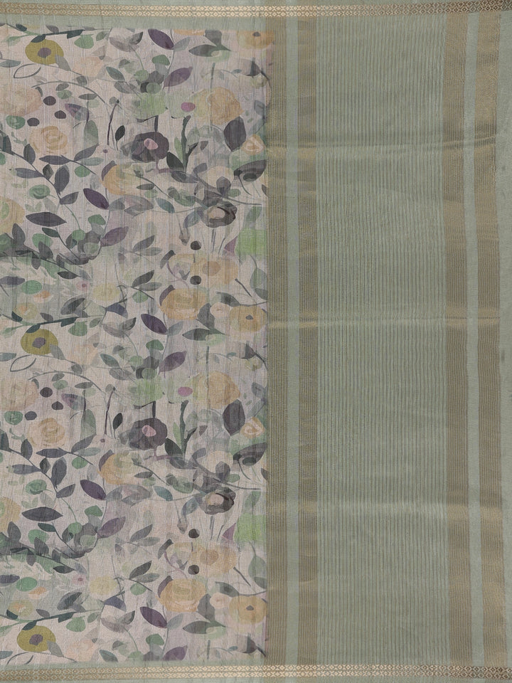 Sage Green Floral Printed Semi Tussar Silk Saree - Diadem
