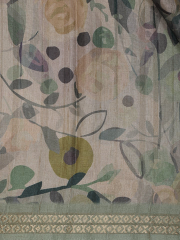 Sage Green Floral Printed Semi Tussar Silk Saree - Diadem