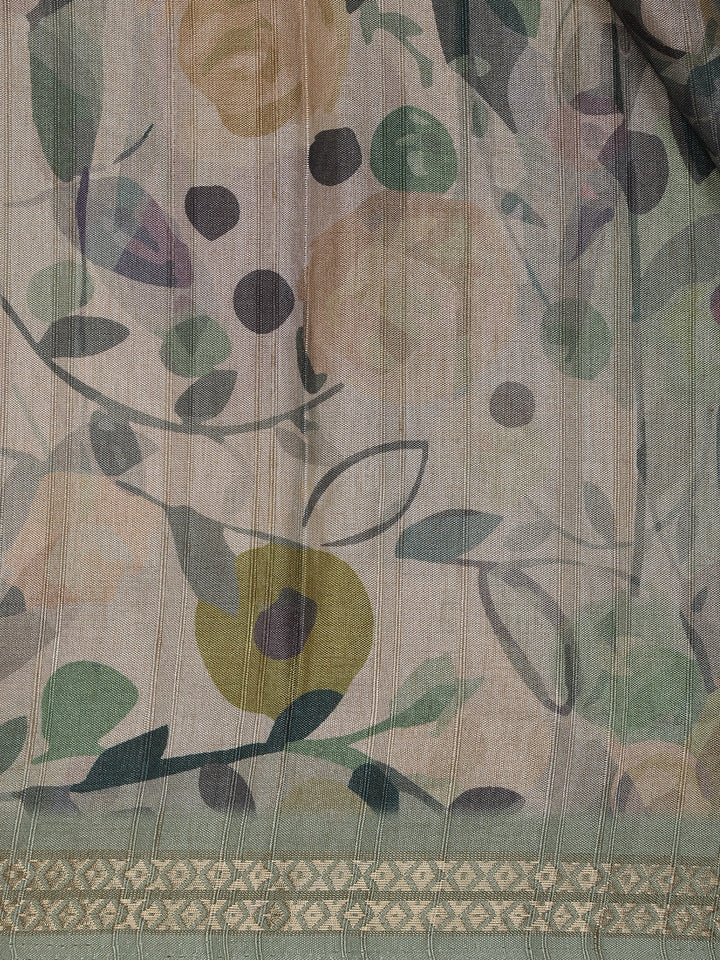 Sage Green Floral Printed Semi Tussar Silk Saree - Diadem