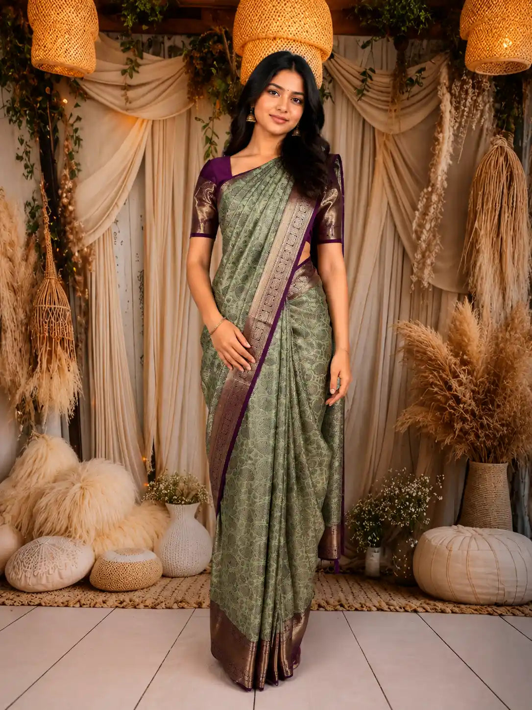 Sage Green Floral Woven Pure Kanchipuram Silk Saree with Zari Border