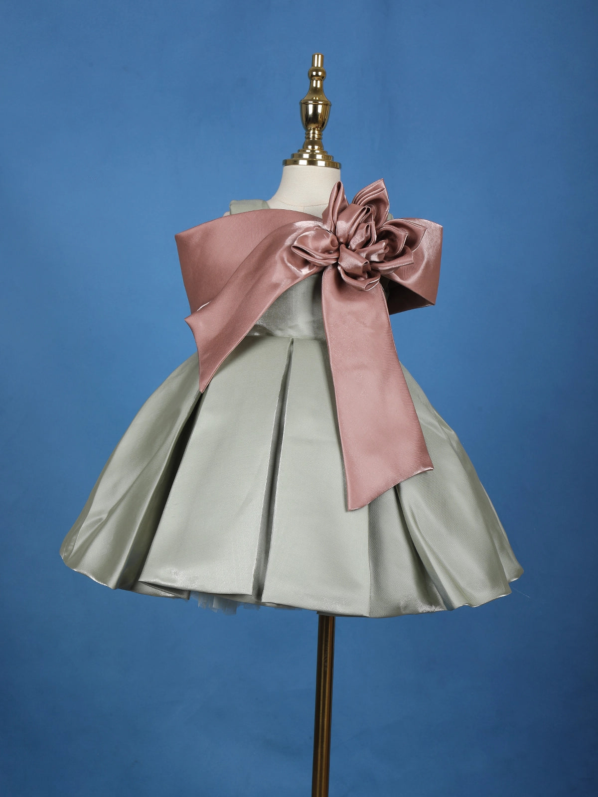Sage Green Pleated Party Satin Frock with Rose Gold Oversized Bow - Diadem