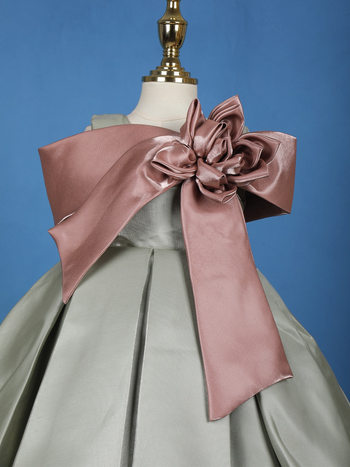 Sage Green Pleated Party Satin Frock with Rose Gold Oversized Bow - Diadem