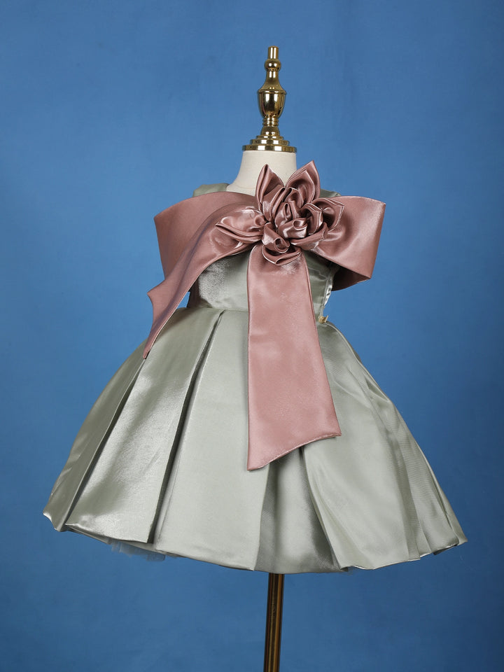Sage Green Pleated Party Satin Frock with Rose Gold Oversized Bow - Diadem