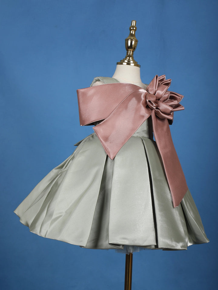 Sage Green Pleated Party Satin Frock with Rose Gold Oversized Bow - Diadem