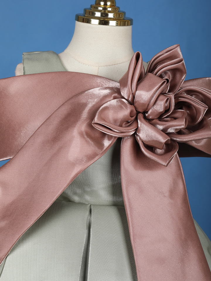 Sage Green Pleated Party Satin Frock with Rose Gold Oversized Bow - Diadem