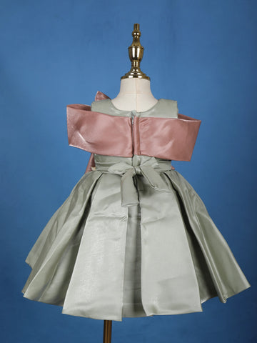 Sage Green Pleated Party Satin Frock with Rose Gold Oversized Bow - Diadem