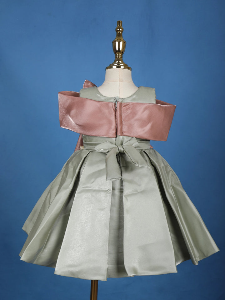 Sage Green Pleated Party Satin Frock with Rose Gold Oversized Bow - Diadem
