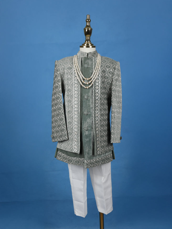 Sage Green Velvet Sherwani Set with Thread Embroidery - Diadem