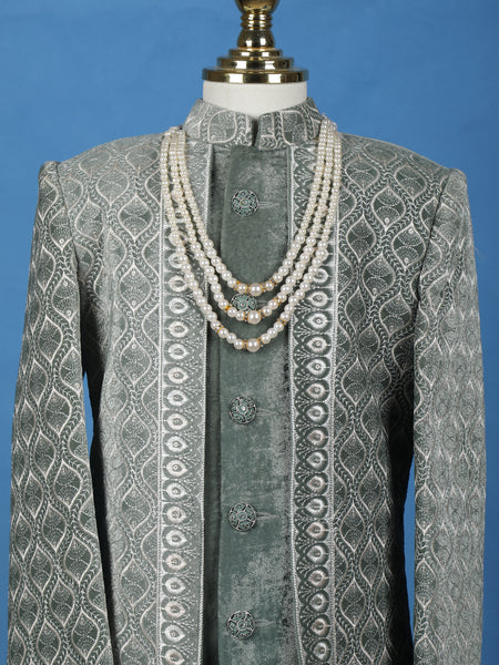 Sage Green Velvet Sherwani Set with Thread Embroidery - Diadem