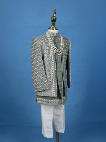 Sage Green Velvet Sherwani Set with Thread Embroidery - Diadem