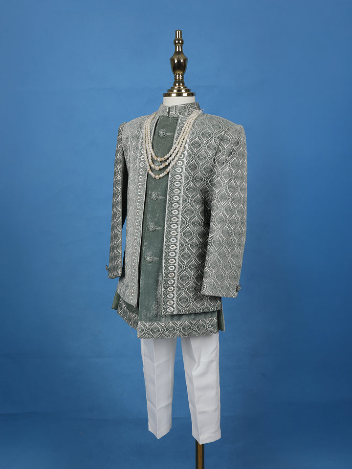 Sage Green Velvet Sherwani Set with Thread Embroidery - Diadem