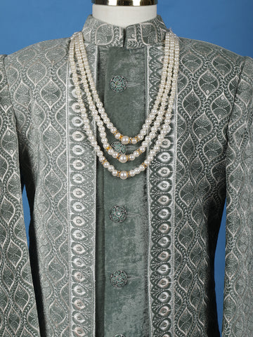 Sage Green Velvet Sherwani Set with Thread Embroidery - Diadem
