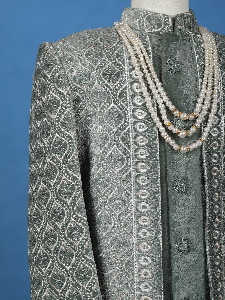 Sage Green Velvet Sherwani Set with Thread Embroidery - Diadem