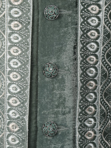 Sage Green Velvet Sherwani Set with Thread Embroidery - Diadem