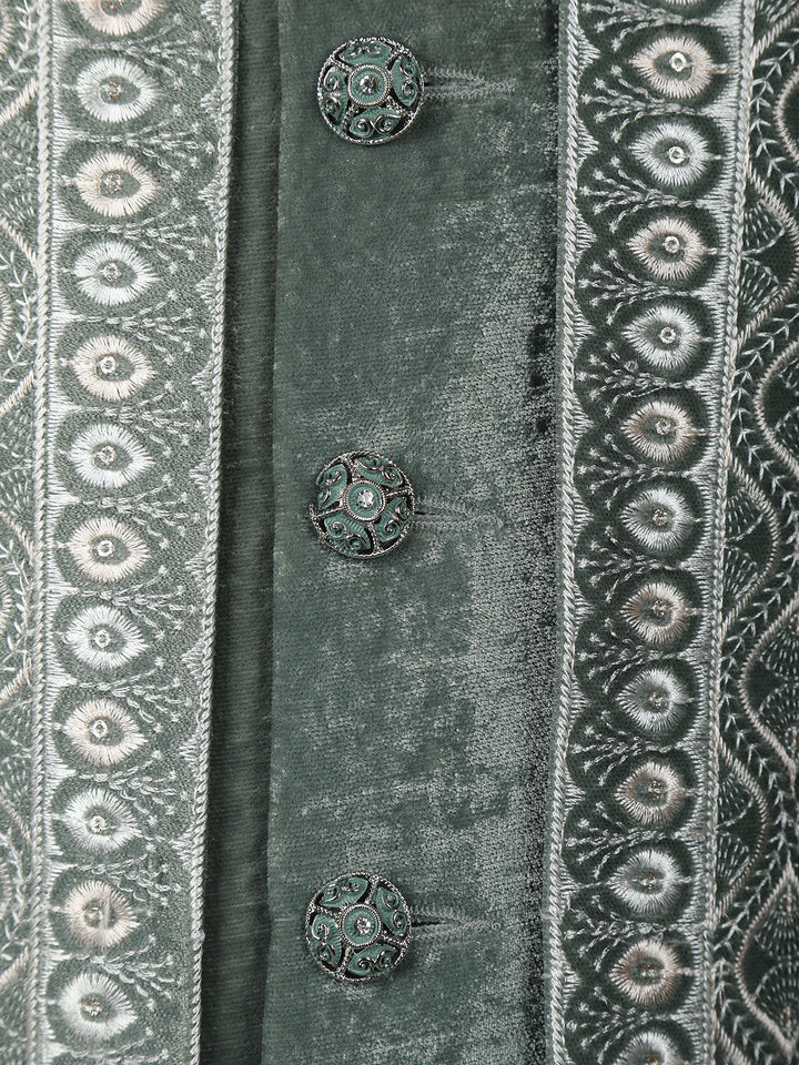 Sage Green Velvet Sherwani Set with Thread Embroidery - Diadem