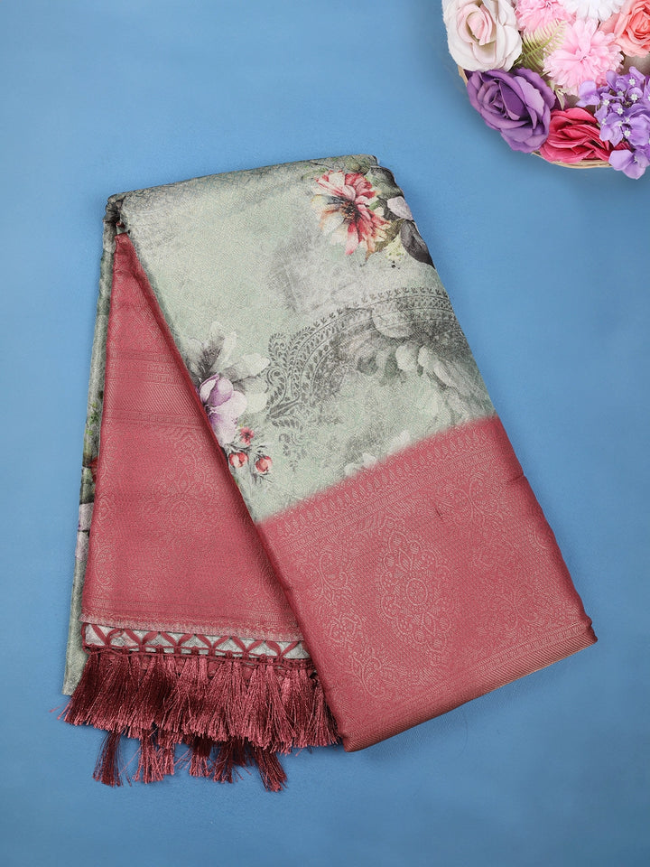 Sage Green Vintage Floral Printed Soft Silk Saree - Diadem