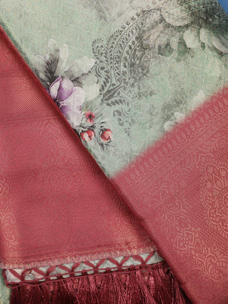 Sage Green Vintage Floral Printed Soft Silk Saree - Diadem