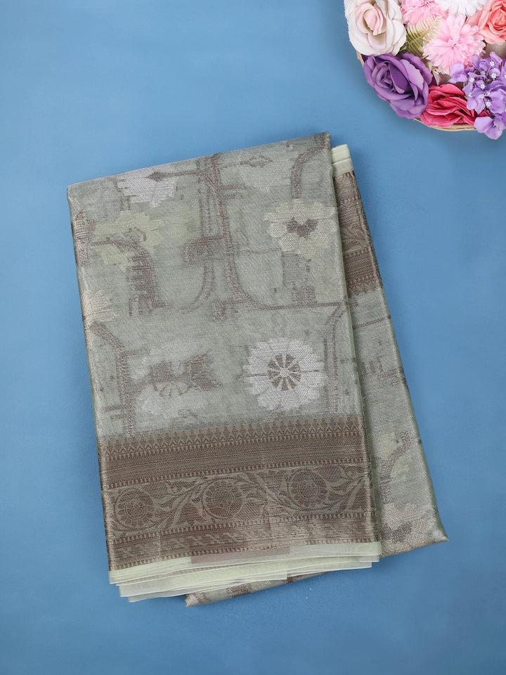 Sage Grey Floral Design Tissue Silk Saree - Diadem