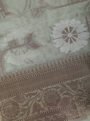 Sage Grey Floral Design Tissue Silk Saree - Diadem