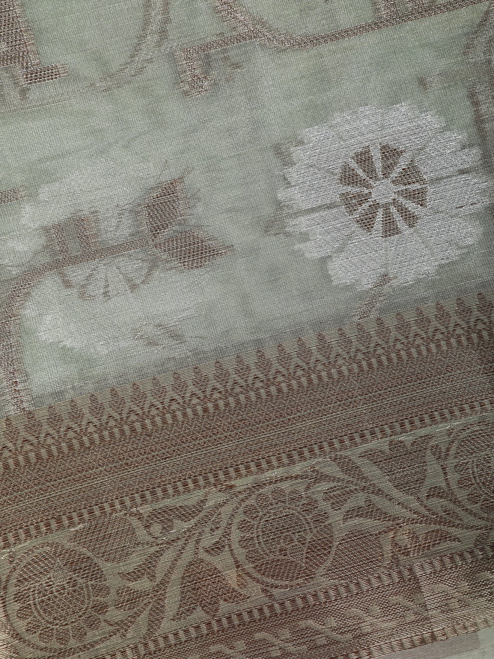 Sage Grey Floral Design Tissue Silk Saree - Diadem