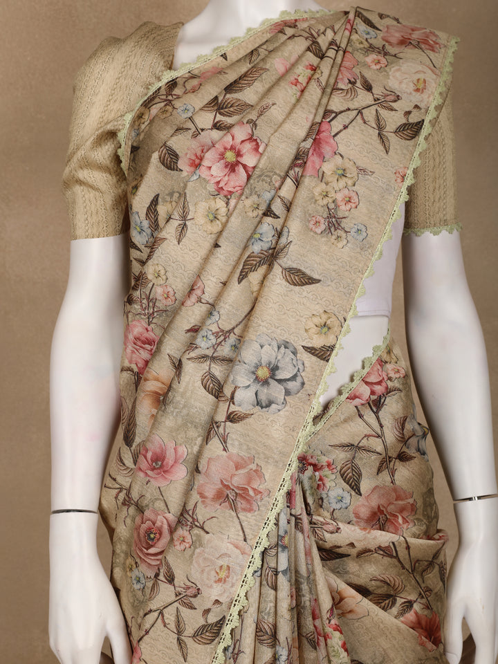 Sand Beige Floral Printed Tussar Silk Saree - Diadem