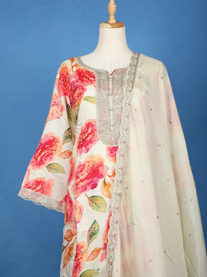Off White Floral Printed Georgette Palazzo Salwar Suit - Diadem