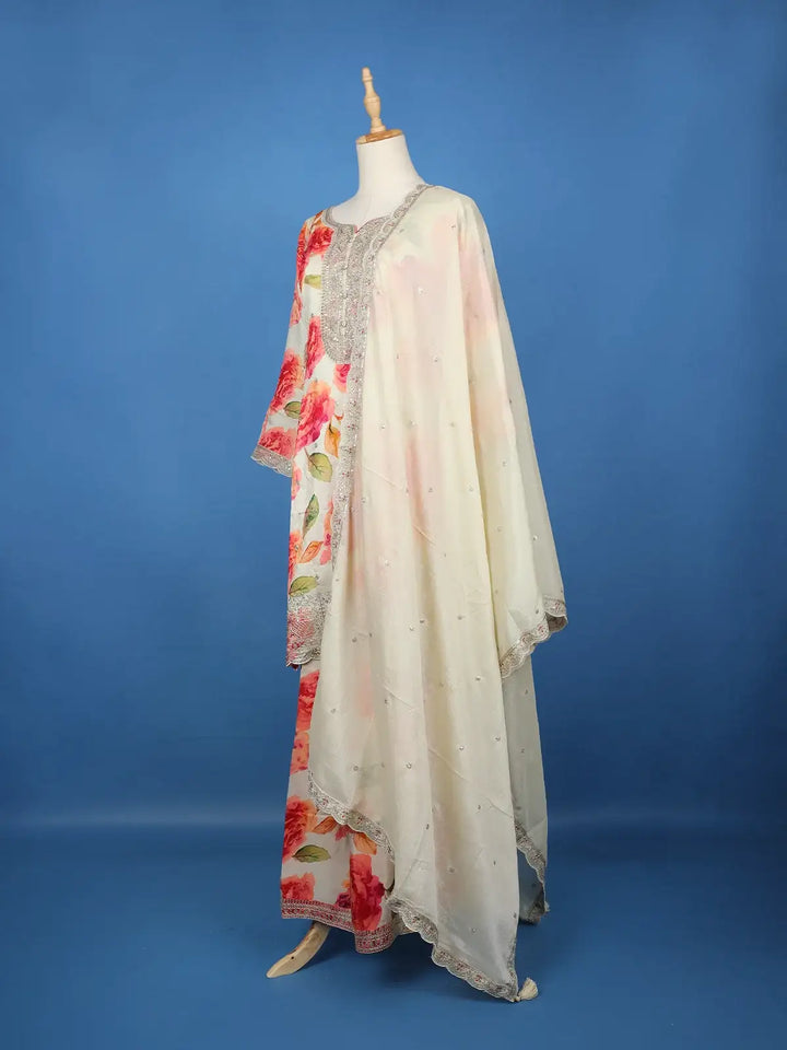 Off White Floral Printed Georgette Palazzo Salwar Suit - Diadem